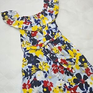 Zara Demin Womens Floral Linen Blend Botton Up Midi Off Shoulder. Size Small